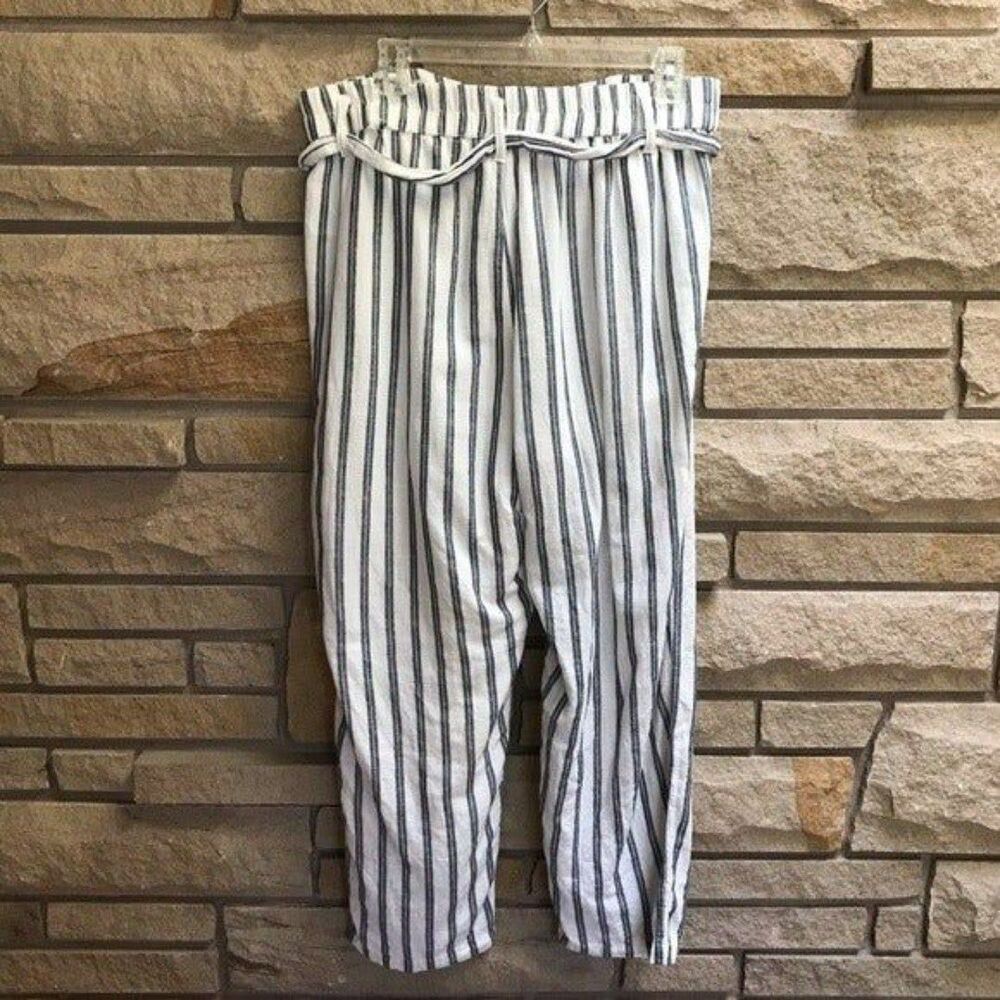 American Eagle Straight Leg Belted Elastic Waist Pants White Blue Stripe Large - Picture 3 of 8